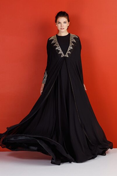 Esswaap Siyah - Şifon Yelekli Ateş Desenli Abiye Elbise