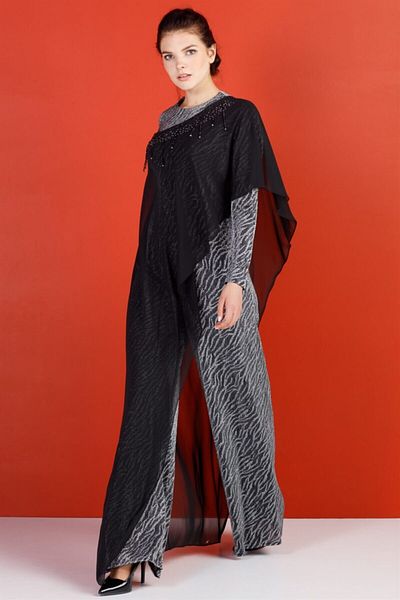 Esswaap Rochie de seara pelerina din sifon cu model argintiu argintiu