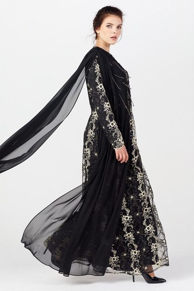 Esswaap Chiffon Cape Lace Evening Dress Black