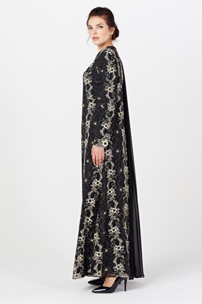 Esswaap Chiffon Cape Lace Evening Dress Black