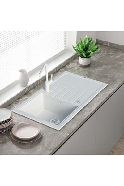 Vıvıano | | 1 Göz Beyaz 50x85 Cm Granit Evye + Batarya + Otomatik Tuşlu Sifon