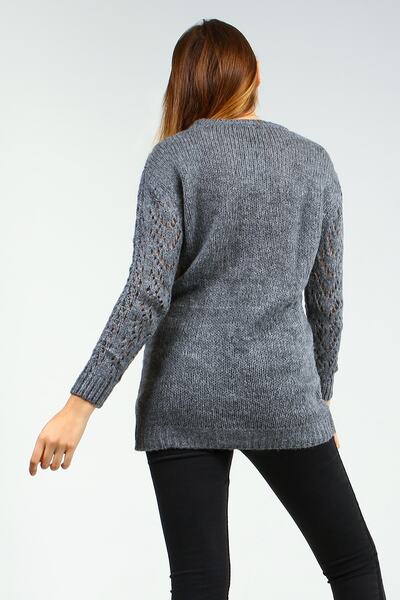 Collezione Antrasit Bisiklet Yaka Önü Örgü Delikli Desenli Uzun Kadın Kazak