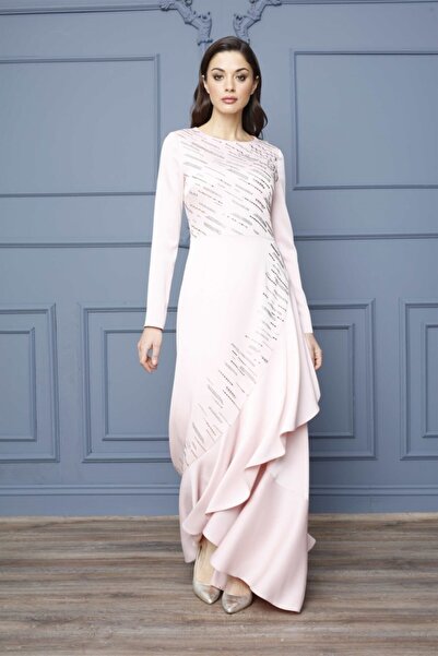 Esswaap Evening Dress with Ruffled Skirt and Jewelled Top Salmon