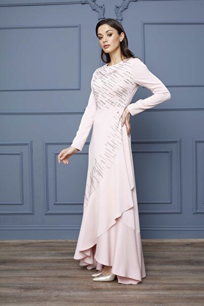 Esswaap Evening Dress with Ruffled Skirt and Jewelled Top Salmon