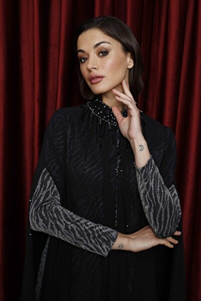 Esswaap Yakası Taşlı Şifon Pelerinli Abiye Elbise Gümüş