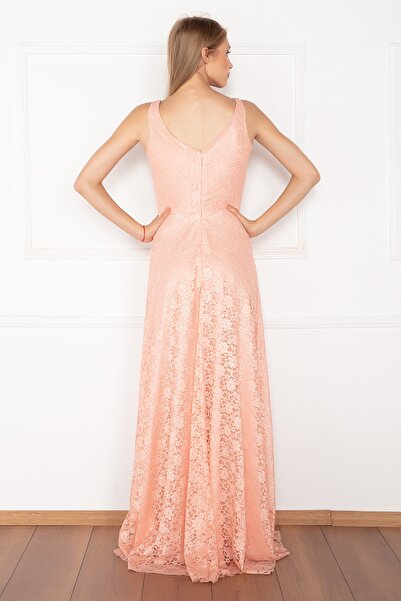 PULLIMM Elans 13103 Δαντελένιο μακρύ φόρεμα με λαιμόκοψη V