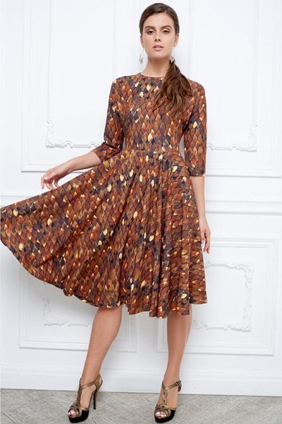 Faberlic Brown Firebird Print Long Dress Size 46