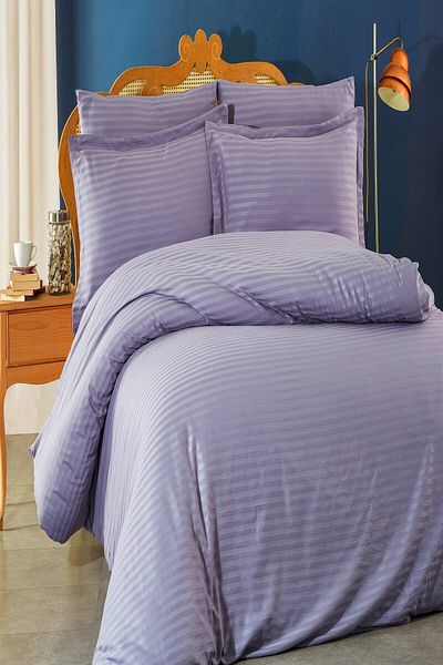 MAJESTE Fabricator Delux Striped 100% Natural Cotton Satin Duvet Cover Set Double (6 Pieces) - gray