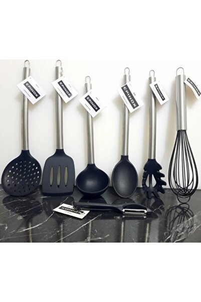 Epinox Krommet 7'li Silikon Mutfak Seti-kevgir. Spatula. Kepçe. Kaşık. Spagetti Kaşığı. Çırpıcı. Yan