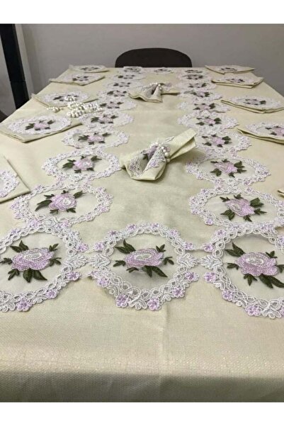 bursa çeyiz Gülizar 26 Parça Fransız Dantelli Linen Yemek Takımı