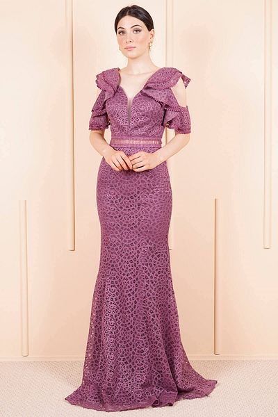 SpringStore Rochie de seară lungă din guipură cu guler lavandă