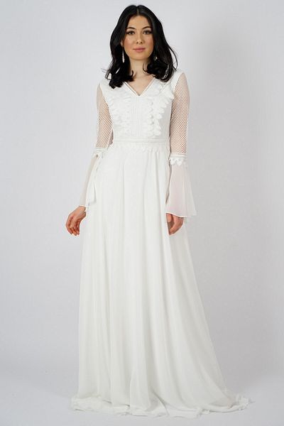 SpringStore Rochie de seara din sifon din plasa cu maneci ecru