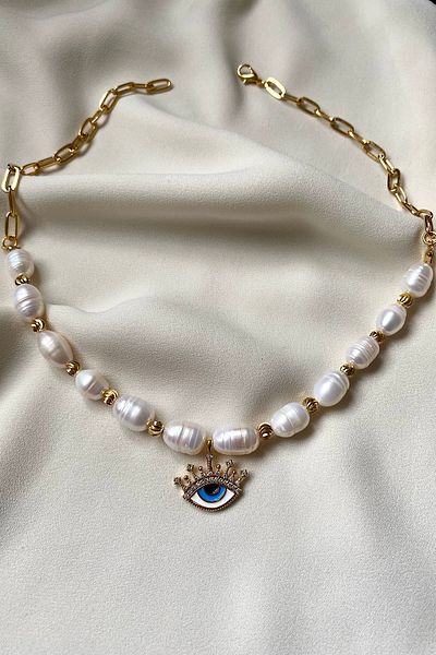 gaila design Blue Enamel Eye Detailed Natural Pearl Necklace