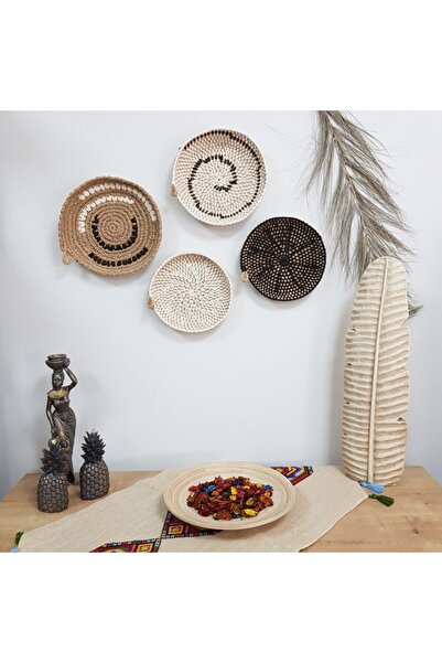 Limenis Afrika Etnik Dörtlü Hasır Tabak Seti Bohem Afrikan Sepeti Duvar Dekoru