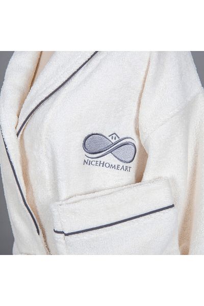 NICEHOMEART Men's Cream Wrap Embroidered Ribbed Shawl Collar Bathrobe