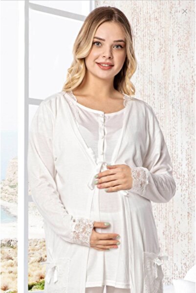 Genel Markalar Polat Yıldız Kadın Ekru Lohusa Hamile Sabahlıklı Pijama Takımı 3'lü Set 50107