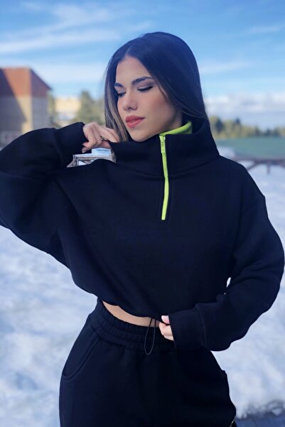 BERFUĞ KIRAN Beli Lastikli Önü Fermuarlı Kısa Sweat