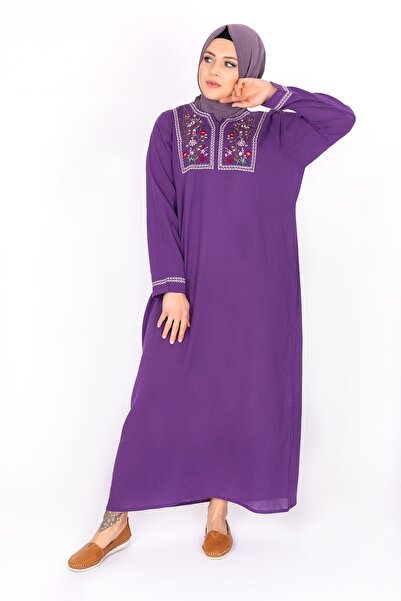 Kardelen Butik Ümraniye Women's Long Sleeve Şilebezi Purple Dress with Embroi...