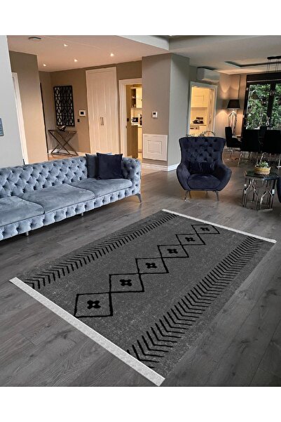 NaRStore Home Decoser 2042 Iskandinva Desen Antrasit Renk Kaymaz Pamuk Tabanl...