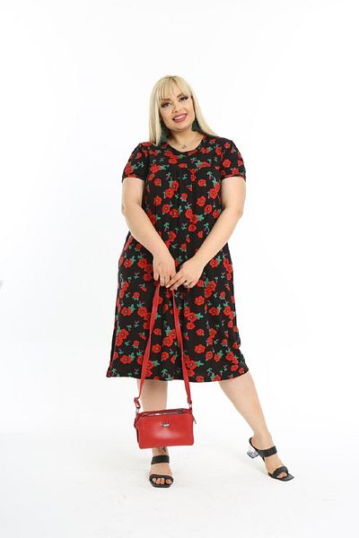 Şirin Butik Women's Large Size Casual Viscose Dress with Chest Robe and Poppy Pattern