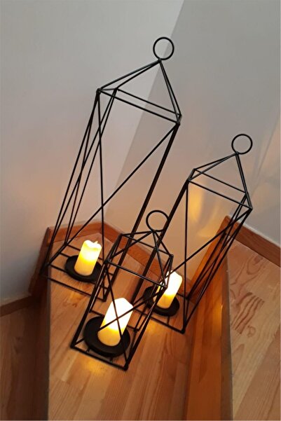 Sezka Life Siyah Dekoratif 3'lü Set Ferforje Kafes Fener Mumluk