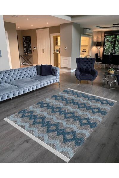 NaRStore Home Decoser 2046 Gri Mavi Renk Pamuk Tabanlı Kaymaz Yıkanabilir Hal...