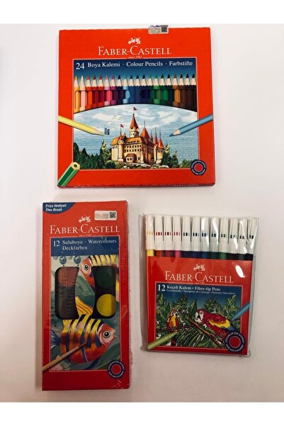 Faber Castell Kırtasiye Seti 24 Renk Kuru Boya Kalemi- Suluboya 12li- Keçeli ...