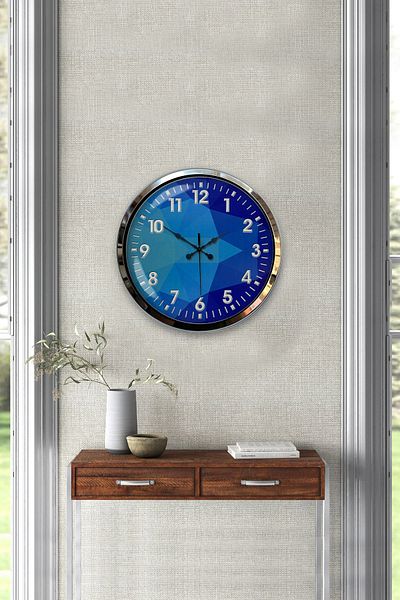 Kasva Concept 40 Cm Chrome Metal Blue Tile Wall Clock