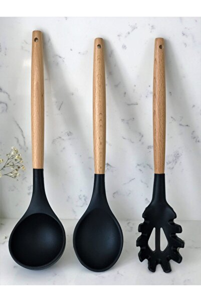 GalleonHome 3 Piece Kitchen Set Bamboo Silicone Ladle Spoon Spaghetti