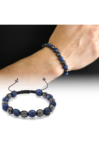 Tesbihane Macrame Braided Globe Cut Matte Navy Blue Ceyd-facetated Hematite Combination Natural Stone Bracelet