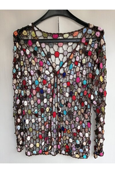 Butik Tülin Kadın Otantik Floş Iplik Çok Renkli Boncuklu Tığ Işi Hırka