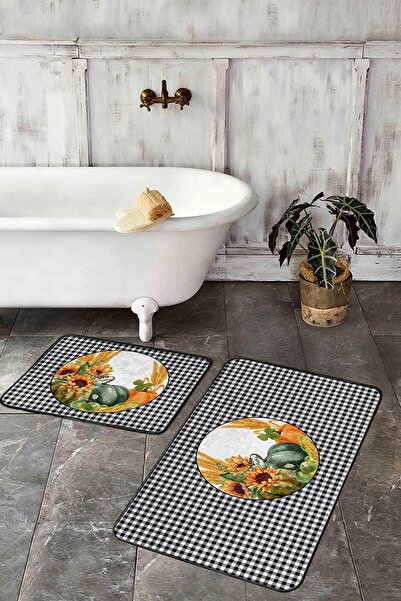 Realhomes طقم سجادة حمام بتصميم منقوش باللونين الأبيض والأسود على شكل يقطين ومجموعة سجادة مطبخ