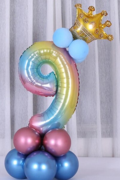PARTİAVM 9 Year Old Rainbow Colored Number Balloon Set - Gold Crown, 9 Figures