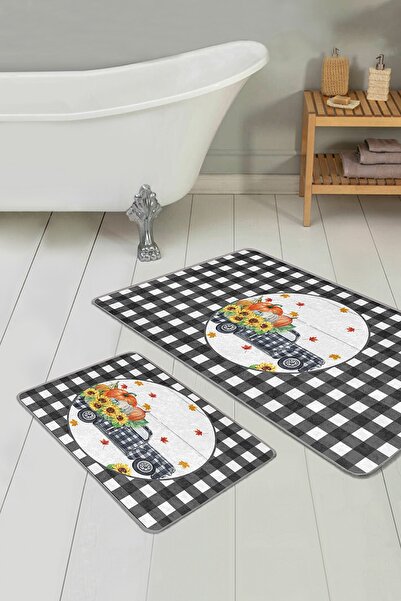 Realhomes طقم سجادة مطبخ منقوشة باللون الأسود على شكل يقطين مكون من قطعتين وم...