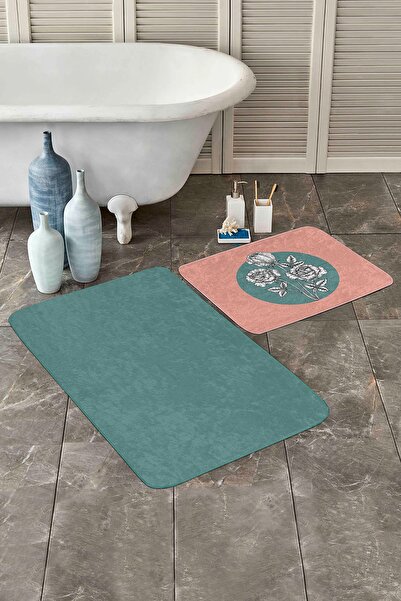 Realhomes طقم ممسحة مكون من قطعتين بتفاصيل زهور بلون سادة ومجموعة سجادة للمطبخ