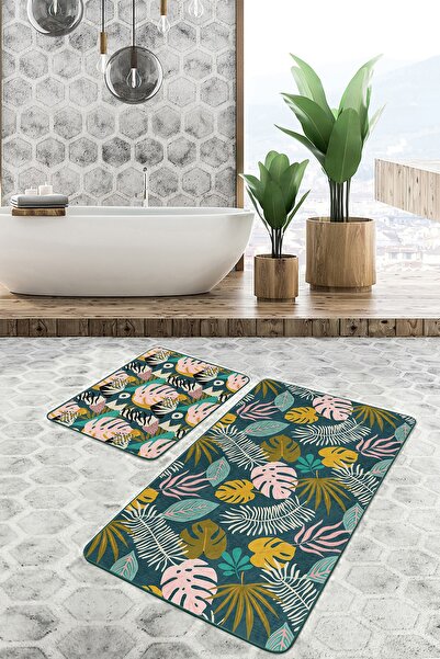 Realhomes طقم سجادة مطبخ مكون من قطعتين بتصميم أوراق استوائية ملونة ومجموعة س...