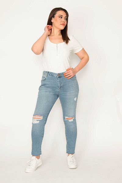 Şans Tekstil Women's Blue Ripped Detailed 5 Pocket Skinny Pants 26a32706