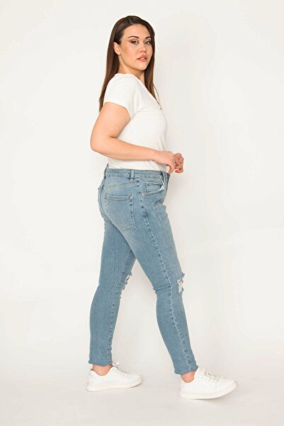 Şans Tekstil Women's Blue Ripped Detailed 5 Pocket Skinny Pants 26a32706