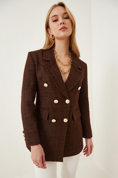 Happiness İstanbul Női barna gombos blézer Tweed dzseki WF00004