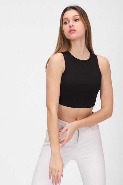 PUNKY CAT Γυναικείο μπλουζάκι με μαύρη λαιμόκοψη Crop Top Αμάνικο καμιζόλ