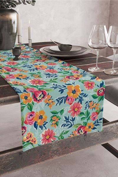 Vagonik Blue Flower Patterned Digital Printed Runner 140x40