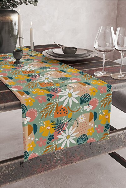 Vagonik Білий бігун з цифровим принтом із зеленим квітковим візерунком 140x40