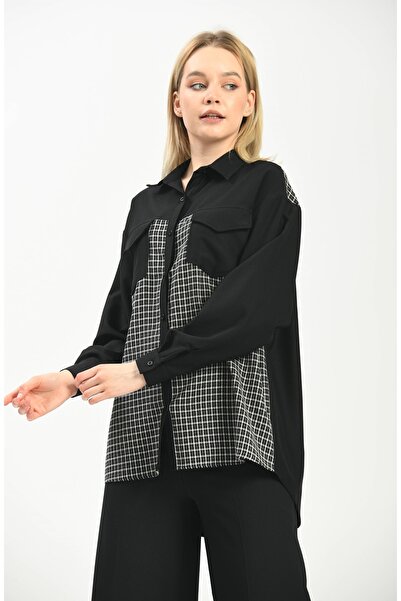 ZARİFSTORE Siyah Geniş Kesim Uzun Ekose Krep Gömlek