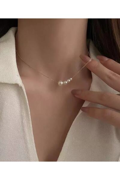 Nishstyle Altın Renk Zincirli Sıralı Incili Choker Kolye