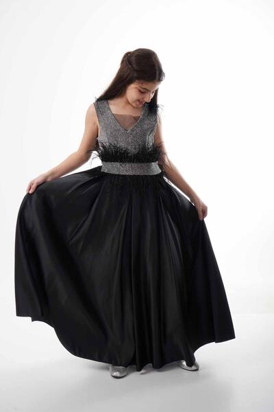 ÖFİ Kids Kız Simli Kabarık Kısa Kollu Tüylü Fiyonklu Uzun Sade Şık Abiye