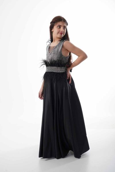 ÖFİ Kids Kız Simli Kabarık Kısa Kollu Tüylü Fiyonklu Uzun Sade Şık Abiye