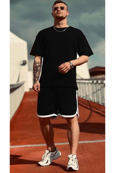 S&R FASHION Black Oversize Combed Cotton T-Shirt Scuba Shorts Set