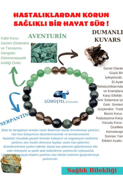 GÜMÜŞTEL EL SANATLARI سوار تعويذة معتمد للصحة والشفاء أفينتورين-سموكي كوارتز-...