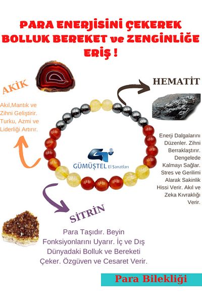 GÜMÜŞTEL EL SANATLARI Certified Money Blessings And Wealth Natural Stone Talisman Bracelet Agate-hematite-citrine Stone Natural Stone