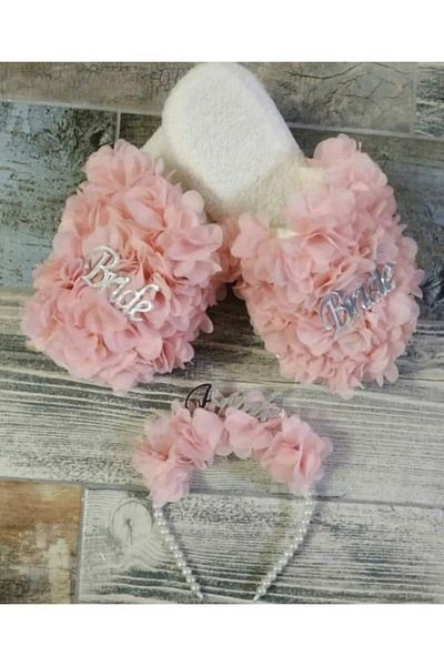 Emirhan Lazer Kesim Bride Slippers Crown Set Powder – Παντόφλες για το σπίτι